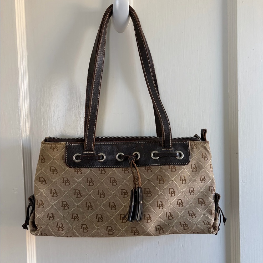 Dooney & Bourke Brown Signature Jacquard Canvas Black Tassel Shoulder Bag